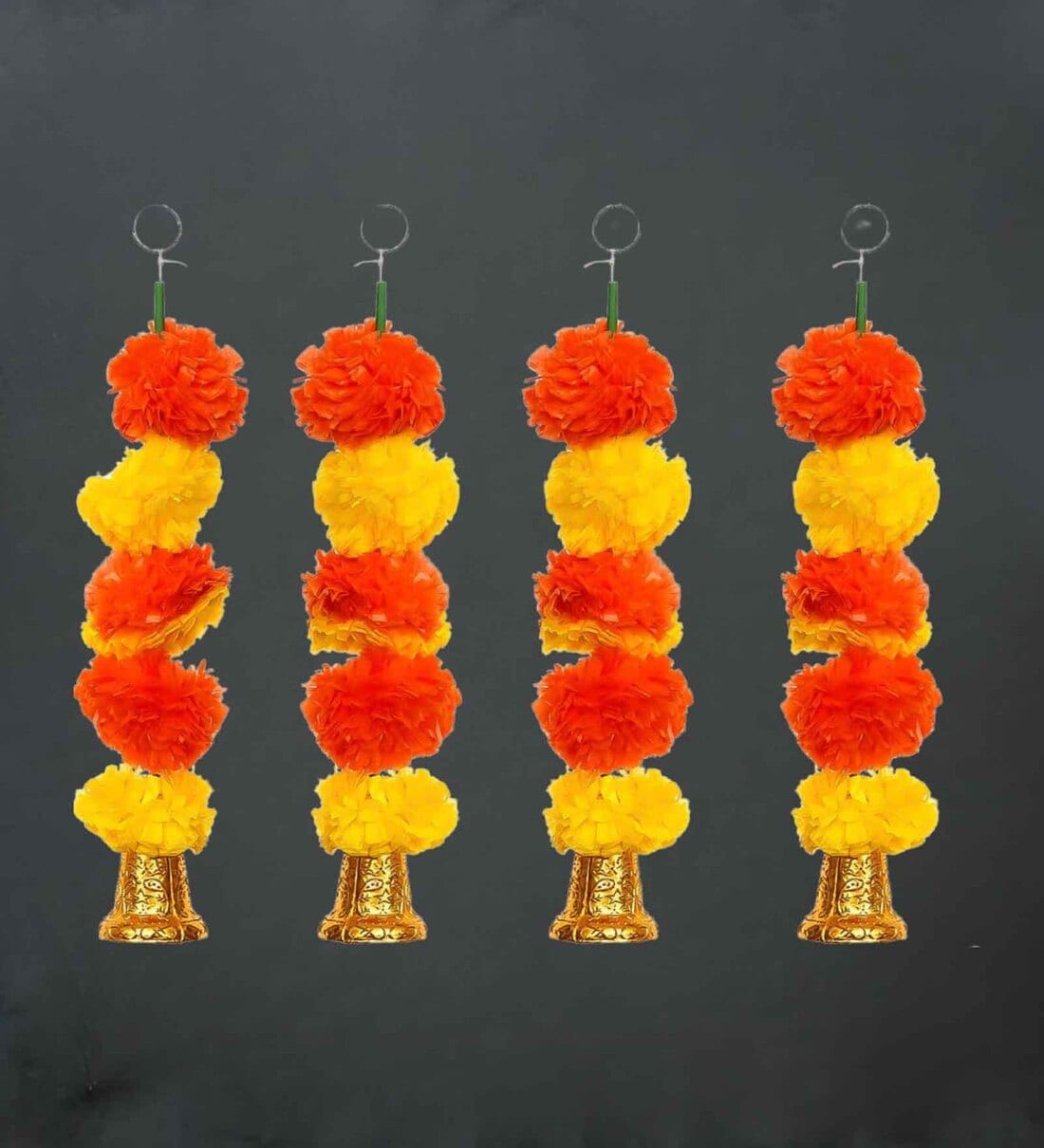 Orange & Yellow Plastic Artificial Marigold Flower Garland with Bells Wall Hanging (Set of 4)Share By eCraftIndia