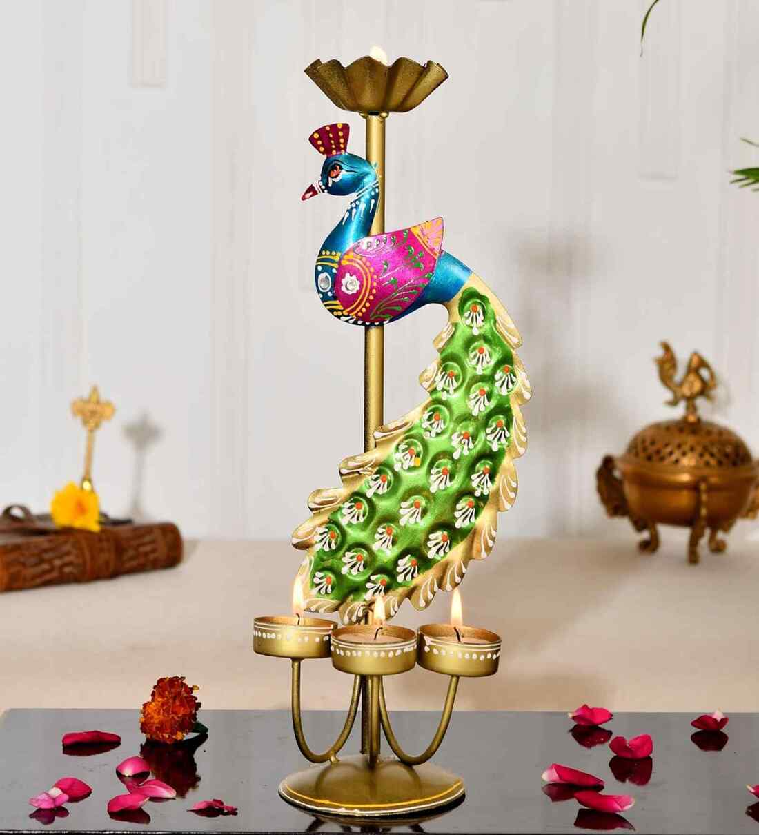 Multicolor Metal Peacock Tea Light HolderShare By Home Decor International