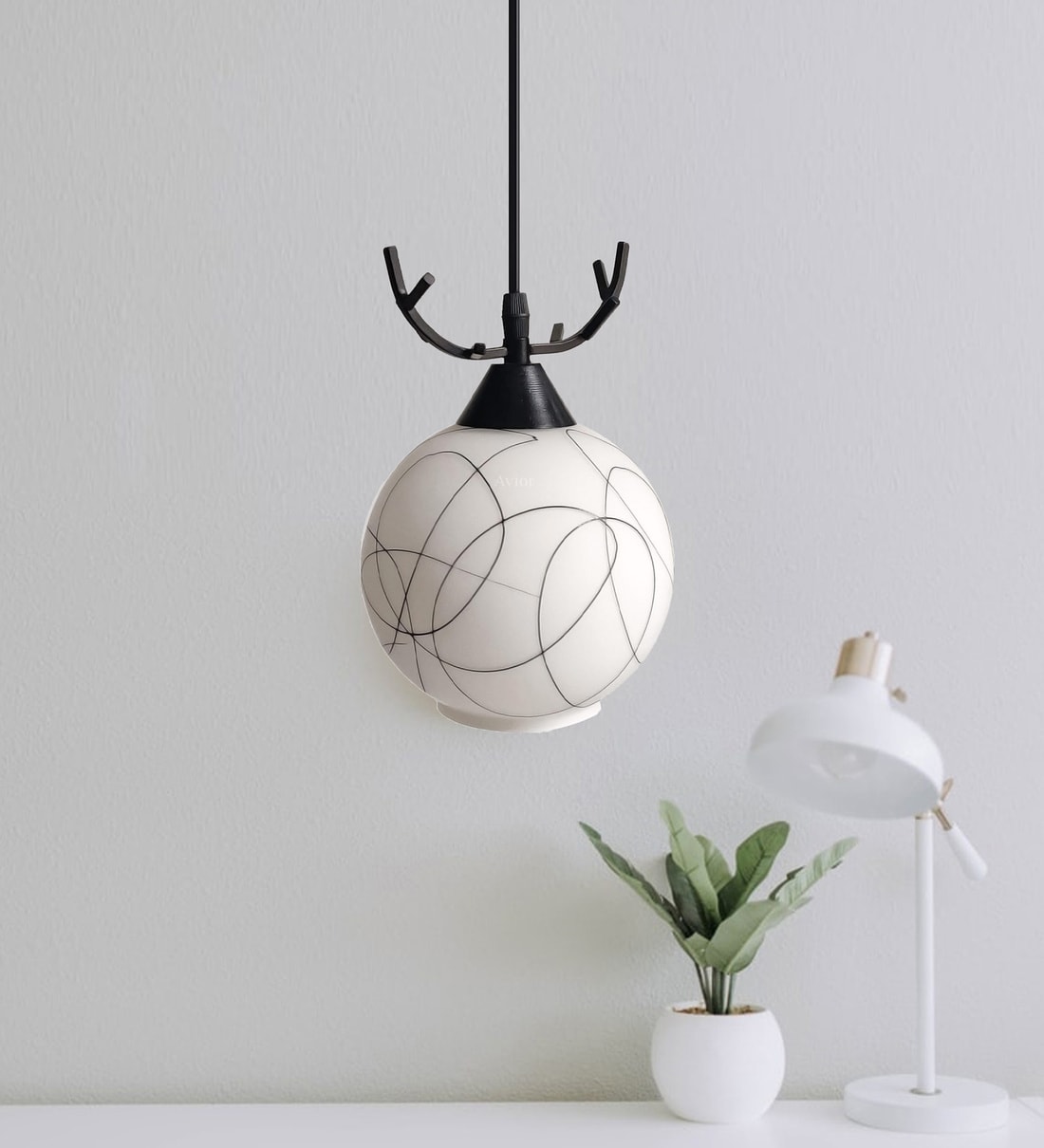 Pendant Black & White (E- 27/ 12 Watt) Metal & Glass Globe Hanging LightShare By Avior