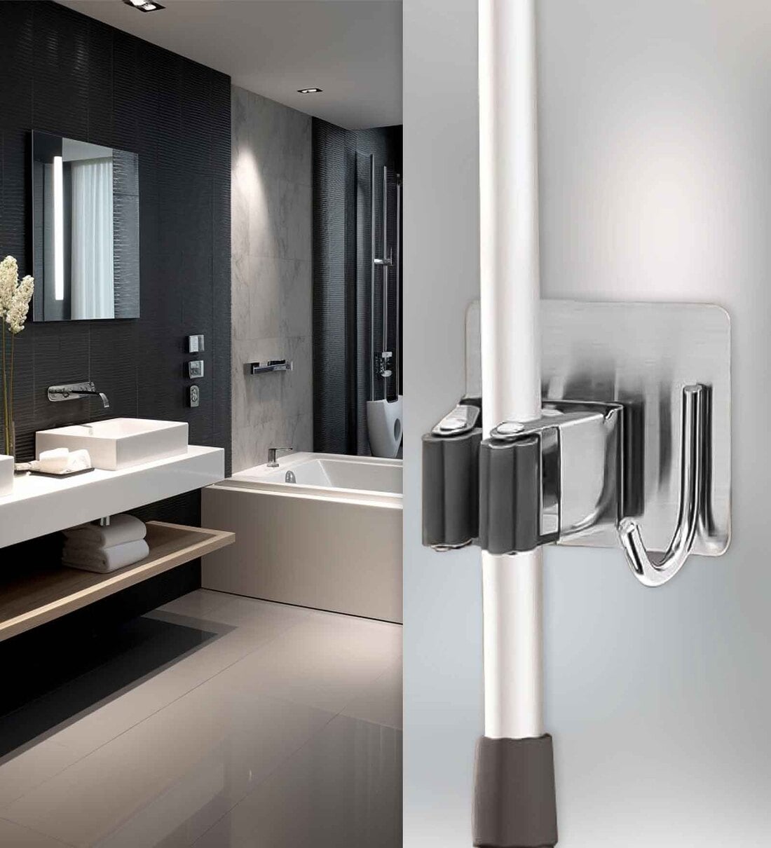 Stainless Steel Adhesive 1 Hook Wall Mounted Broom and Mop Stick HolderShare By Sunvibe