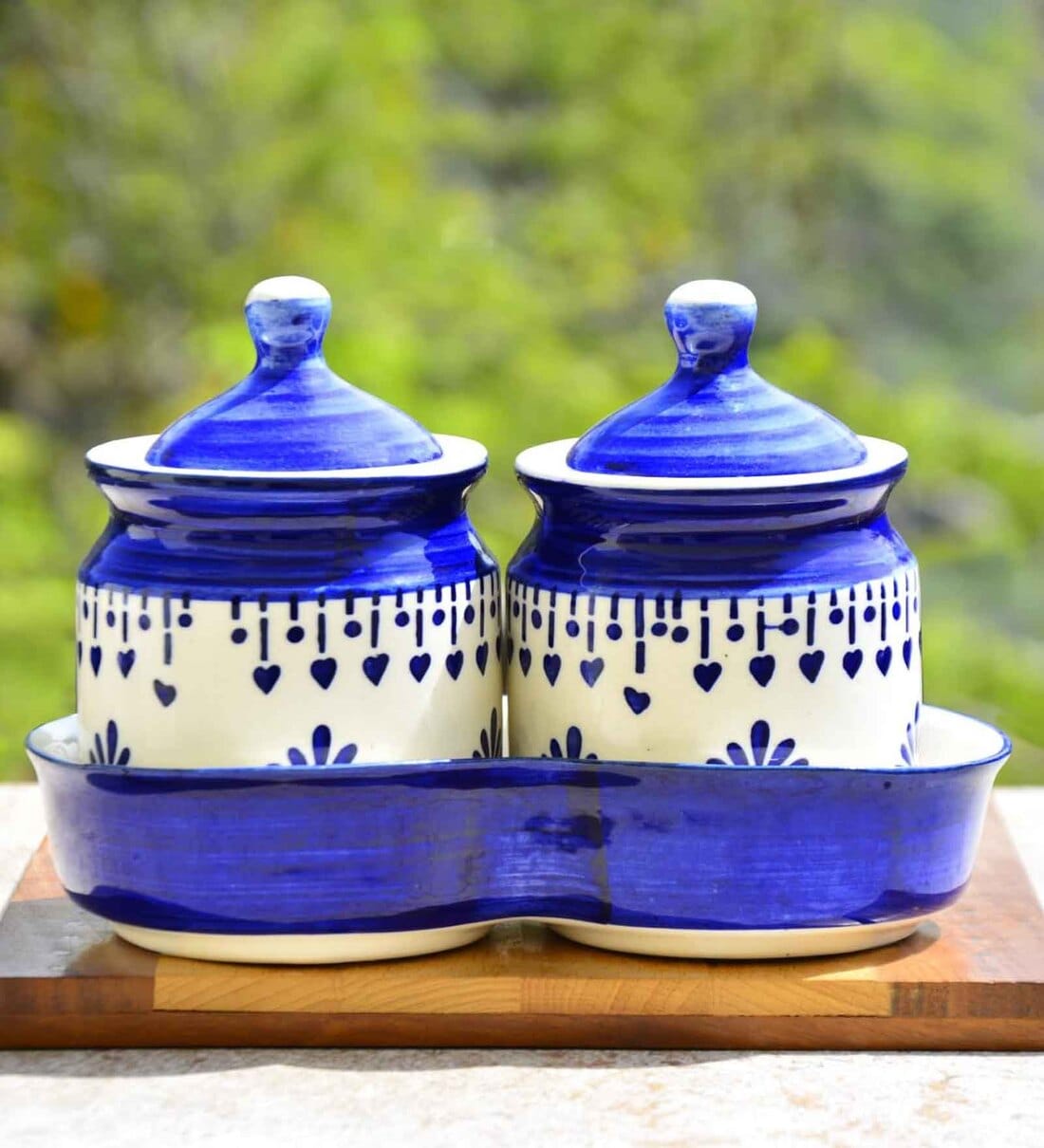 (Set of 2) 225ml Ceramic Storage Barni Jar with Lid and Tray (Blue & White)Share By VoiDrop