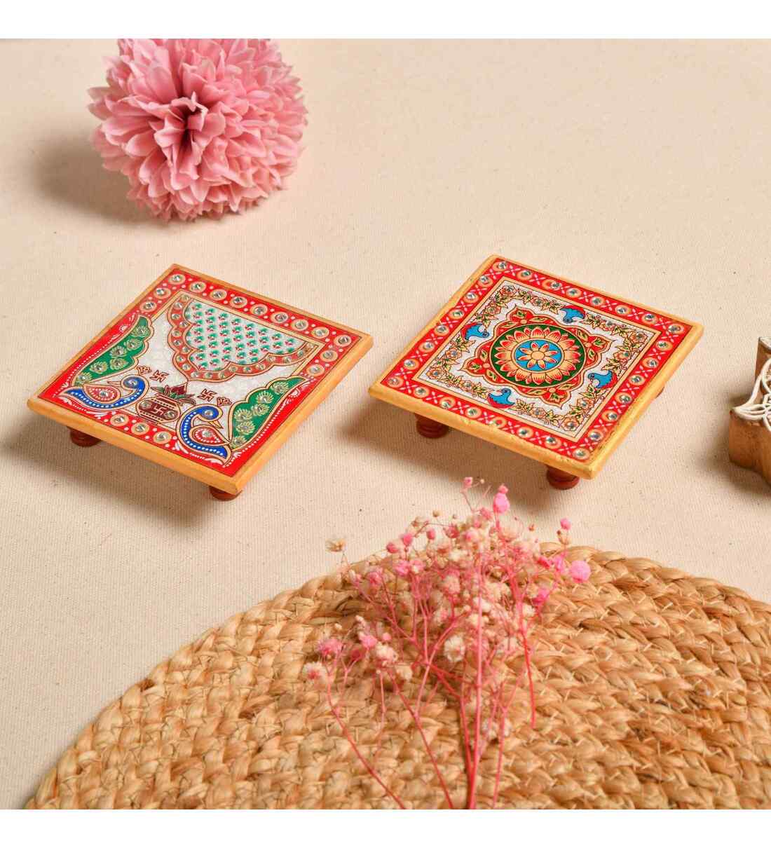 Pack of 2 Multicolor Marble Puja Chowkies for God Idol)Share By Fashion Bizz