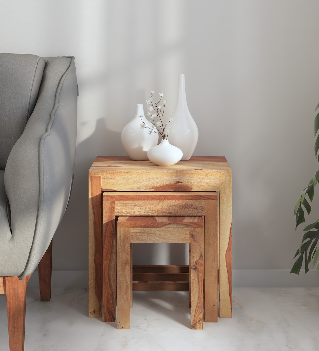 Barret Sheesham Wood Nest Of Tables In Scratch Resistant Rustic Teak FinishShare By Woodsworth from Pepperfry