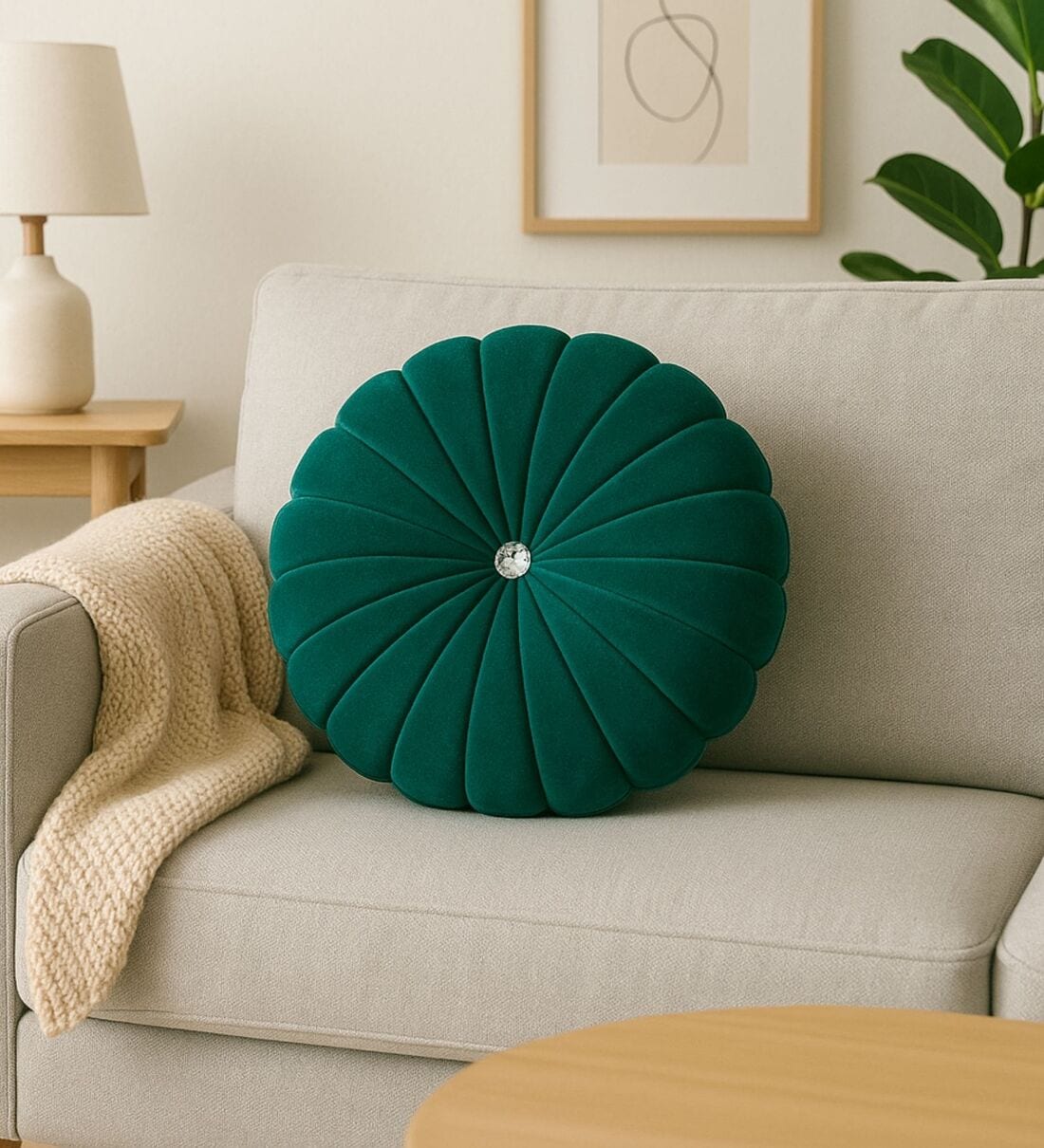 Green Velvet Round 14x14 inches Decorative Cushion (1Pc)Share By Yora HomeStyle