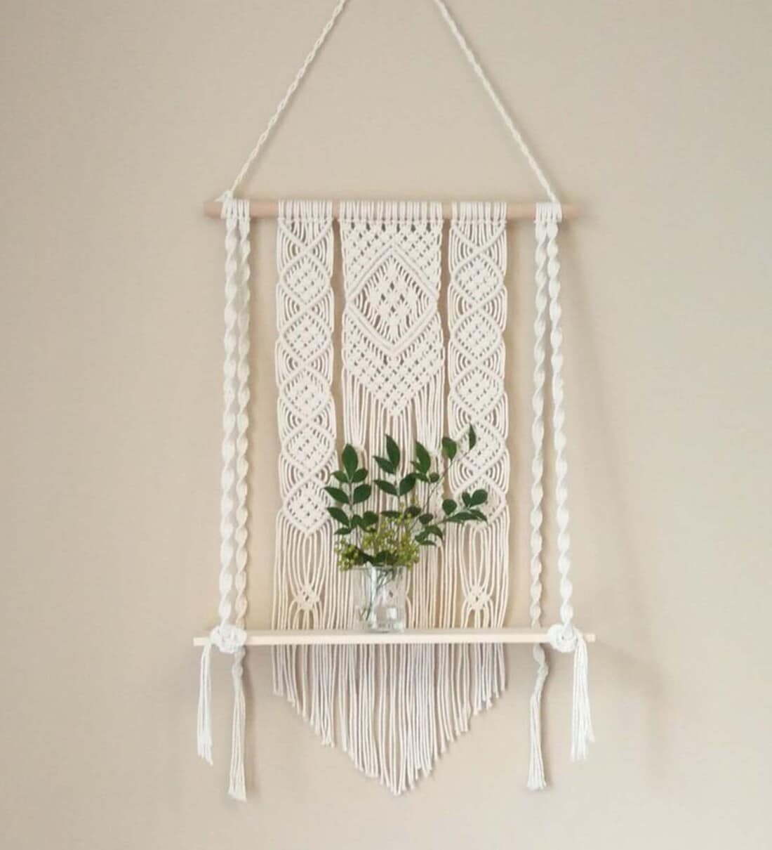 Handmade Macrame  Wall Hanging With Pine Wood Shelf In Off WhiteShare By Kaahira