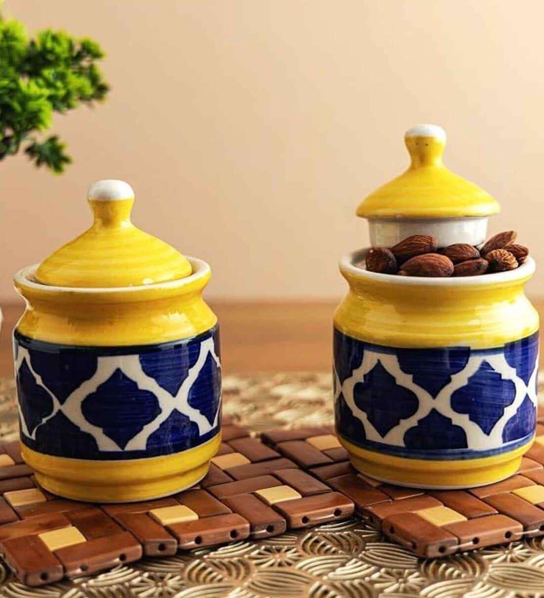 (Set of 2) 225ml Ceramic Storage Barni Jar with Lid (Yellow & Blue)Share By VoiDrop