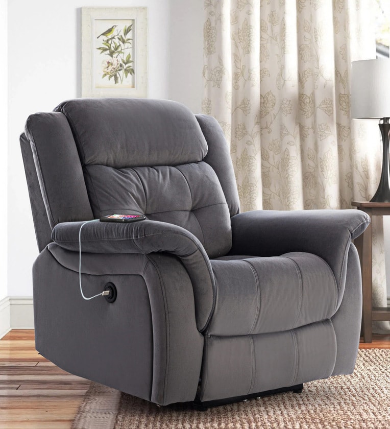 Norton Velvet 1 Seater Motorised Recliner in Grey Colour With Charging PortShare By Casacraft from Pepperfry