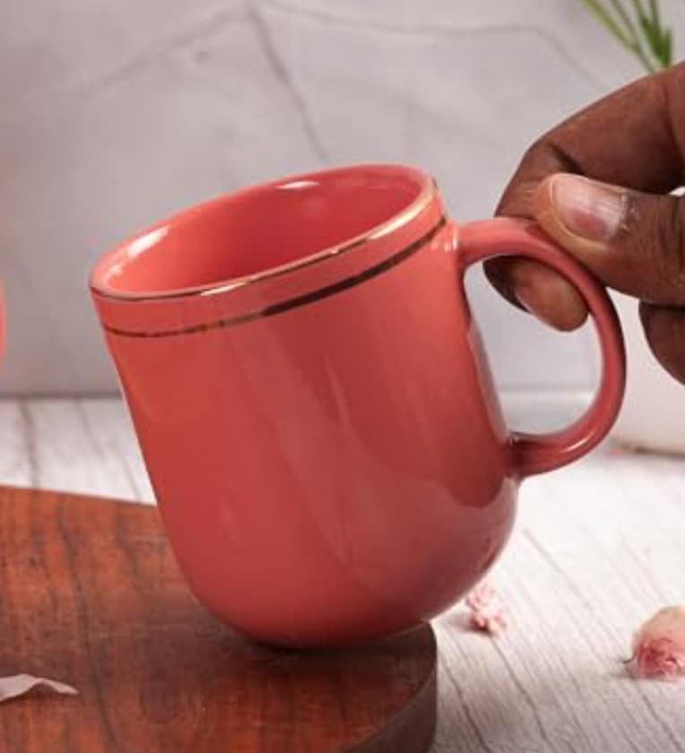 Femora 22k Liquid Gold Line Design Ceramic Coupe Coffee Mug, Tea cups, Stackable, Chip Resistant, 180 ML, Pack of 2, PinkShare By Femora