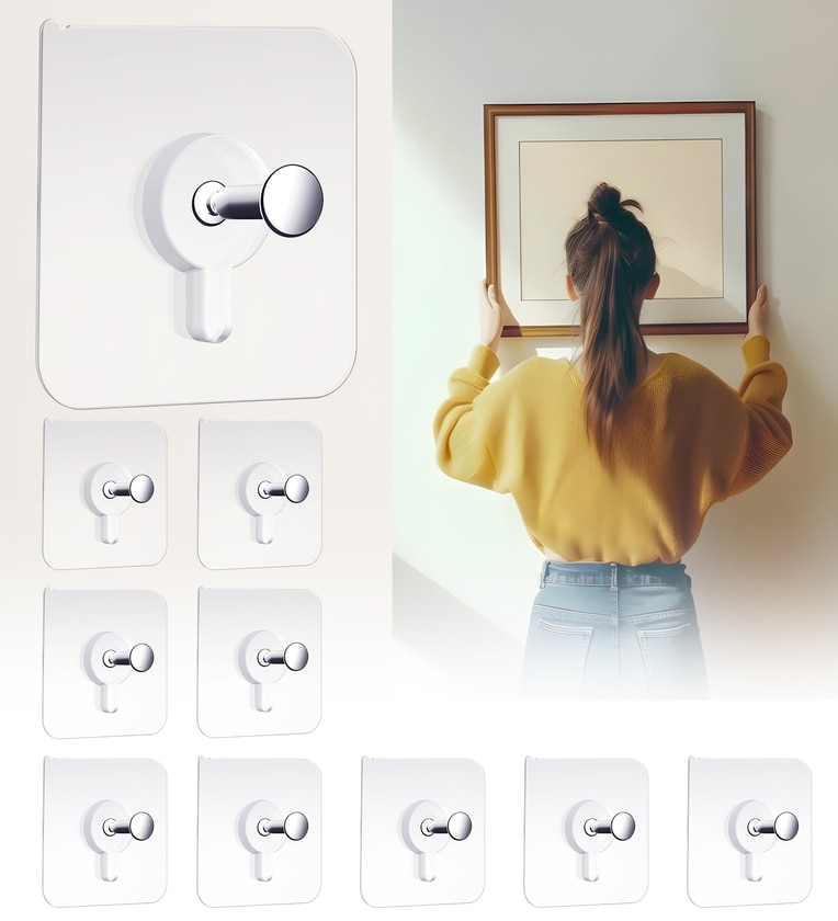 Stainless Steel Self-Adhesive Wall Photo Hooks -10 Pieces, Heavy-Duty, No-Drill Installation for Home & KitchenShare By Sunvibe