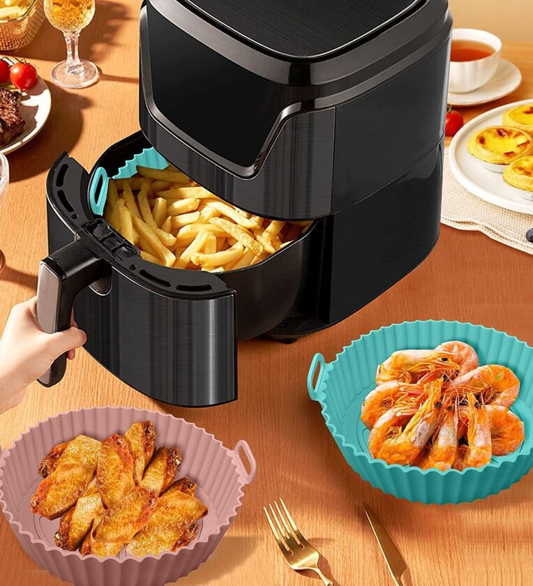 (Pack of 2) Reusable Non Stick Round Silicone Air Fryer Liner Baking Tray with HandleShare By Regalo