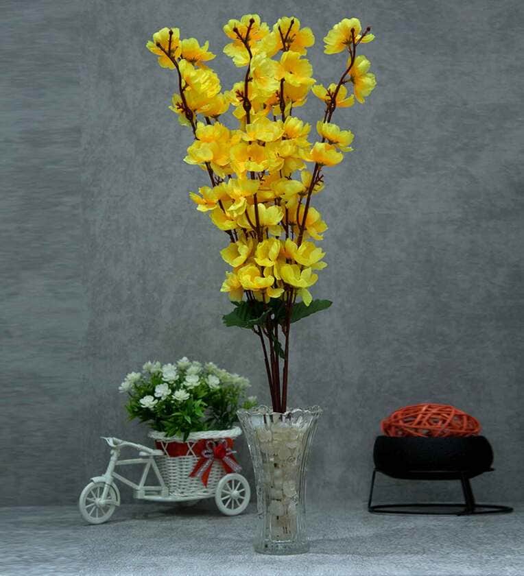 Yellow Polyester Artificial Peach Blossom Flower Bunch  Without PotShare By Casacraft from Pepperfry