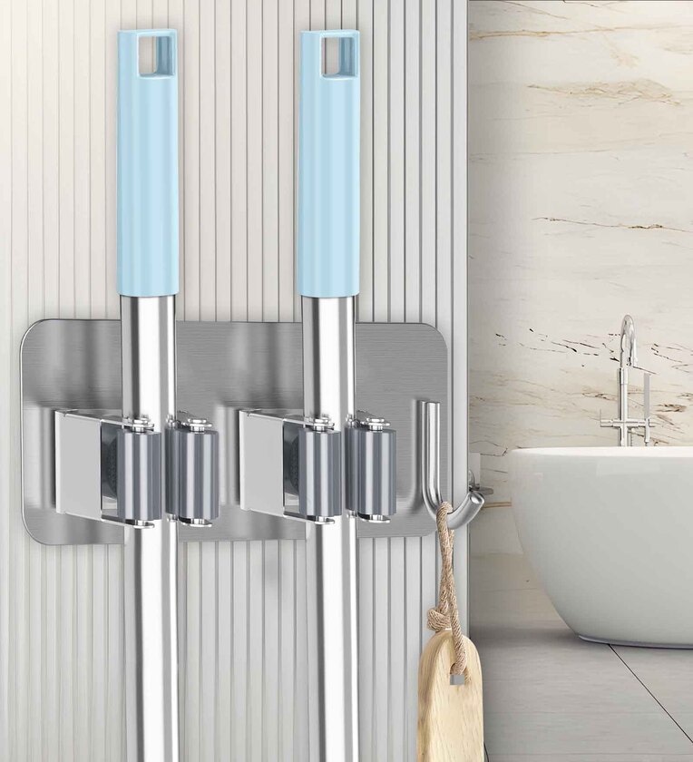 Stainless Steel 2 Racks with 1 Hooks Heavy Duty Wall Mounted Broom and Mop Stick Holder for Home Kitchen Garden Laundry Garage-SilverShare By Sunvibe