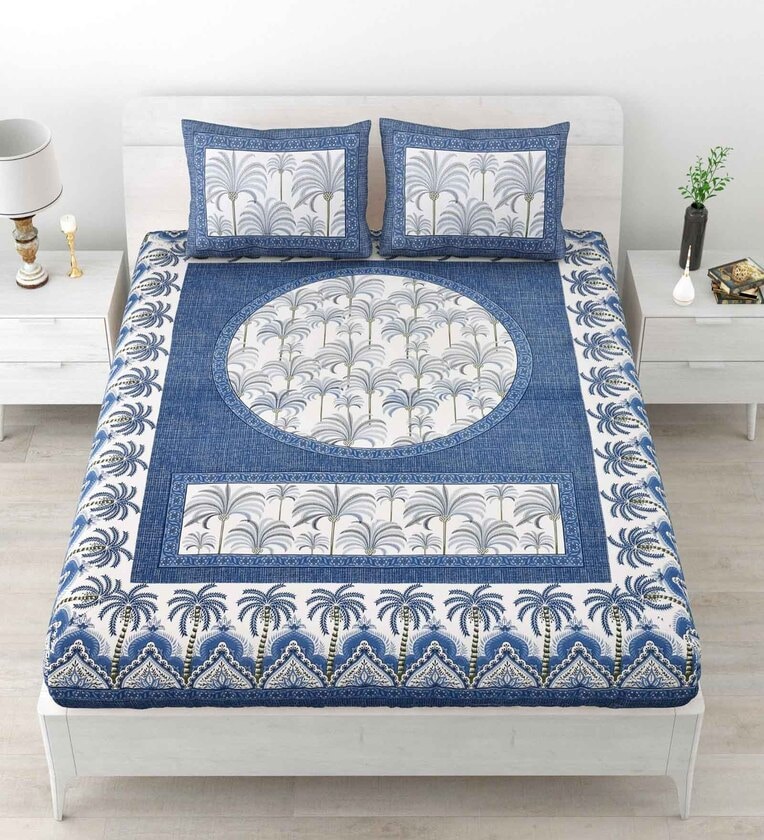 Blue Floral 120 TC Cotton Queen Sized Bedsheet with 2 Pillow CoverShare By UniqChoice