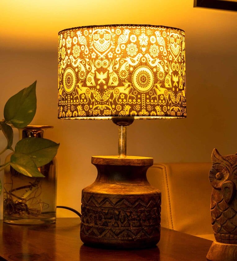 Wooden Carved Lamp with Indian Art Multicolor ShadeShare By Green Girgit