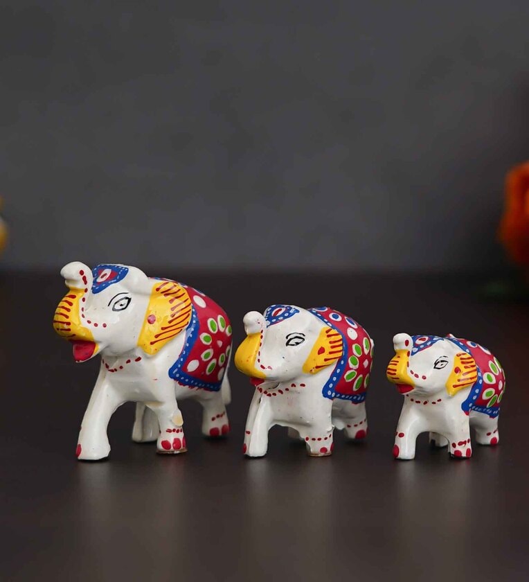 Set of 3 White Elephant Papier Mache and Plastic FigurineShare By eCraftIndia
