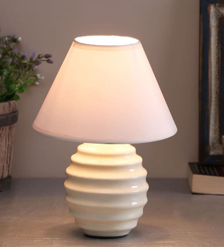 Modern Ribbed Small Ceramic Night Table Lamp with White Fabric ShadeShare By Homesake