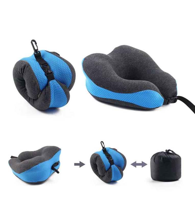 Memory Foam Travel Neck Pillow with Eye Mask & Earplugs-Blue & GreyShare By The Quirk Box
