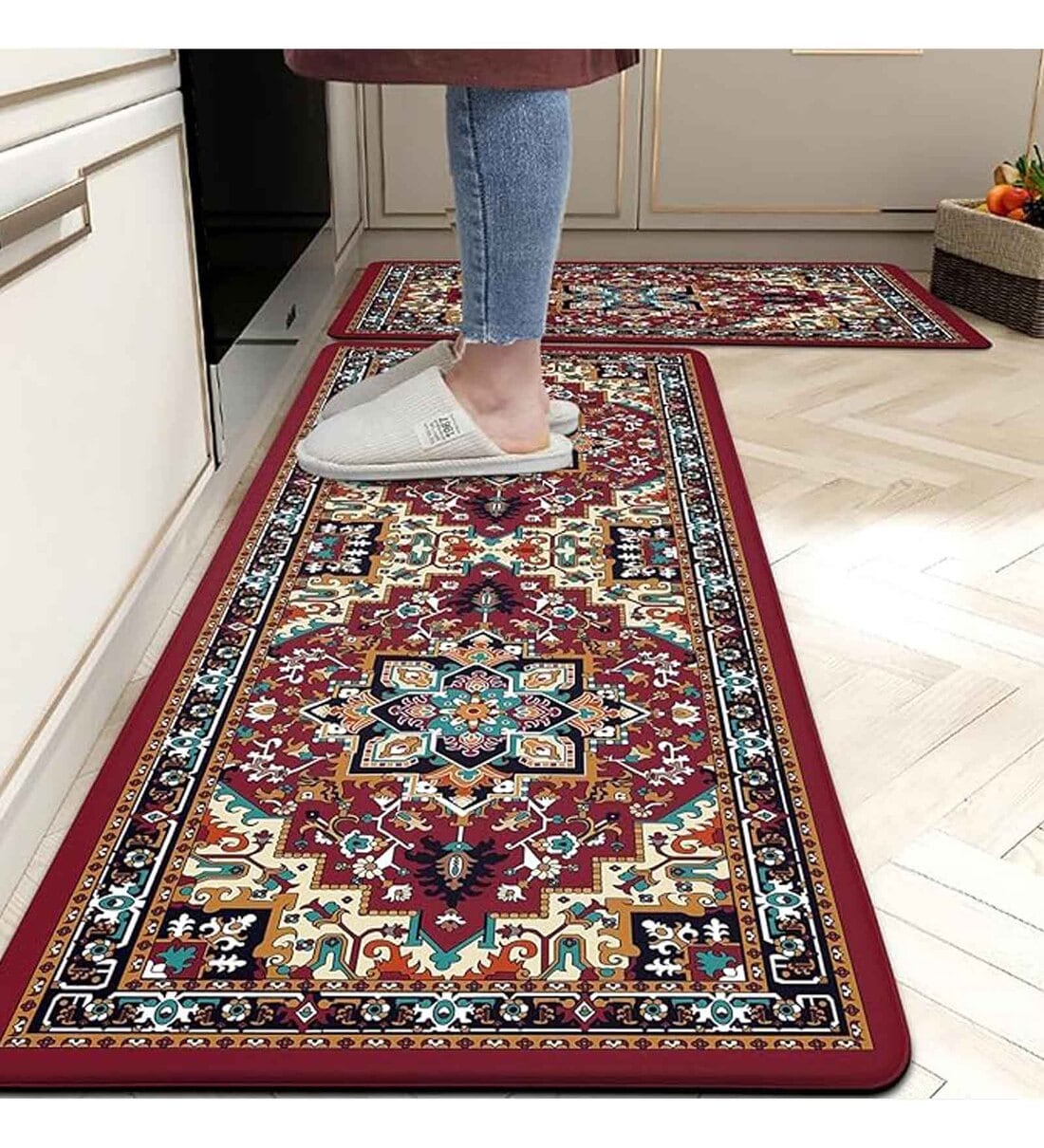 Red Floral Velvet Antiskid Machine Made Floor Runner and Door Mat ComboShare By Aazeem