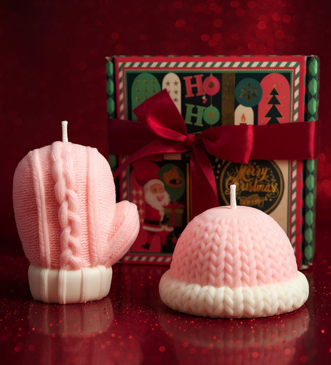 Pink Set of 2 Winter Gloves & Cap Designs with Candle Gift Box Share By VoiDrop