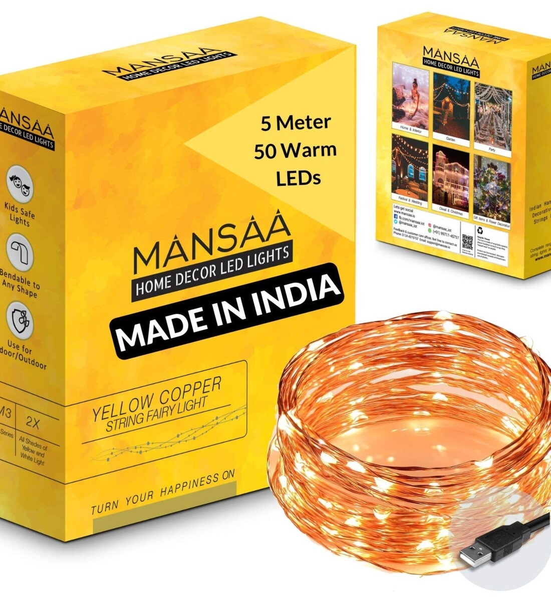 Yellow Colour 5 Mtrs (50 LED) USB Operated LED String LightShare By Mansaa