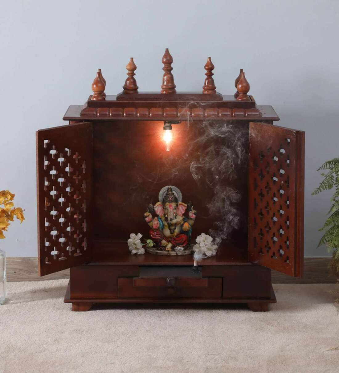 Dark Brown Sheesham Wood & MDF Floor Rested Mandir With DoorShare By Home Decor International