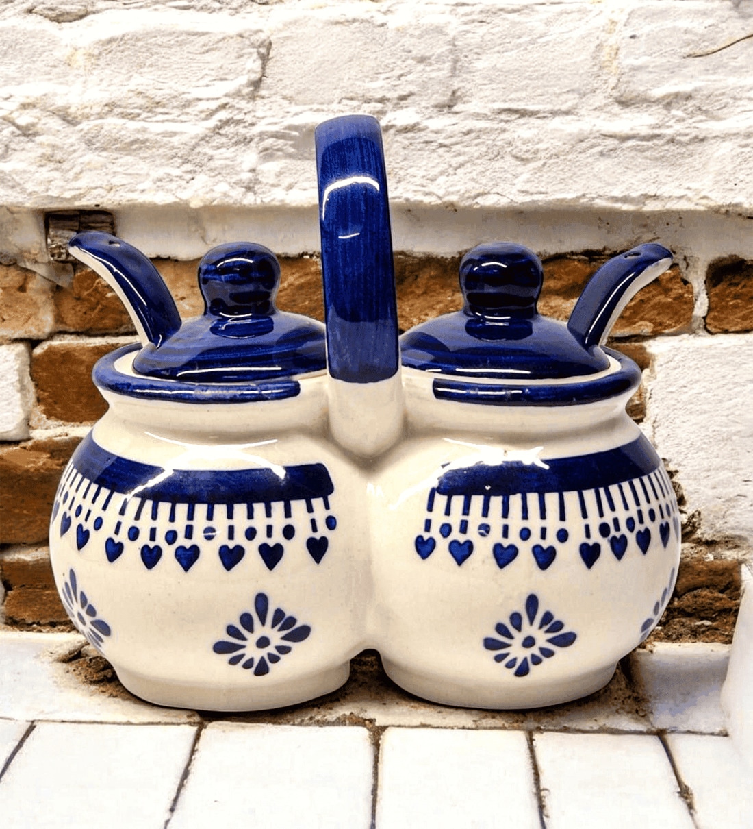 (Set of 2) 200 ml Traditional Ceramic Condiment Set with Lids, Handles & Spoons (Blue)Share By VoiDrop