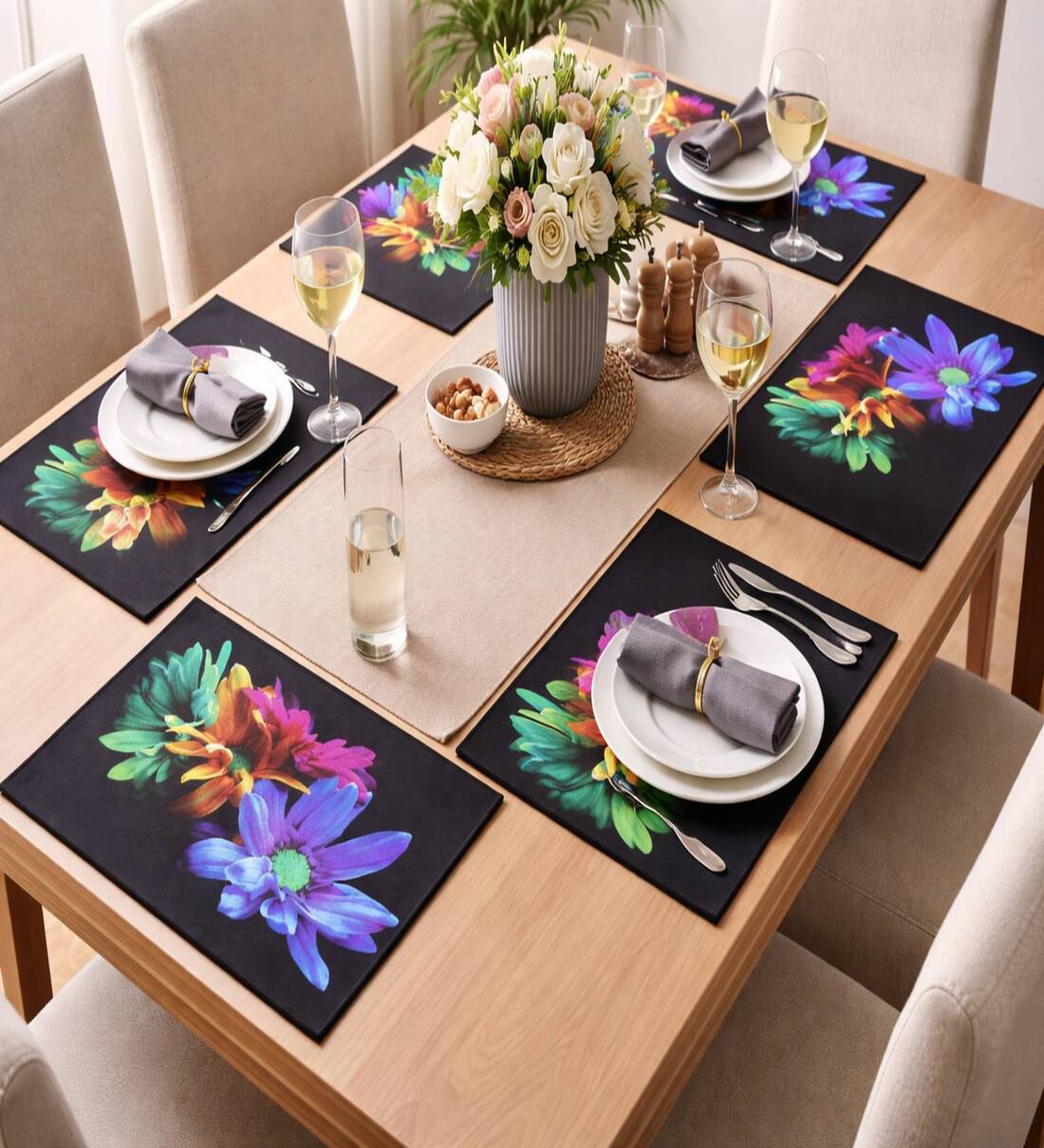Set of 6 Black Base Midnight Bloom Floral PlacematsShare By Inside Styles