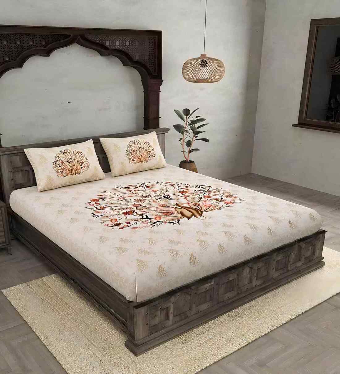 Brown Pecock 180 TC Cotton King Sized Bedsheet with 2 Pillow CoversShare By UniqChoice