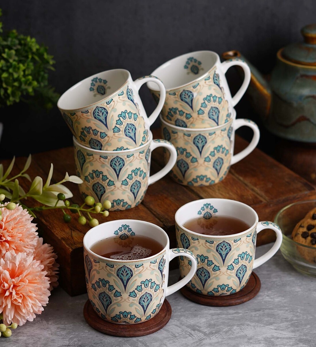 150 Ml Blue & Yellow Printed Bone China (Set of 6) Tea CupShare By Cdi
