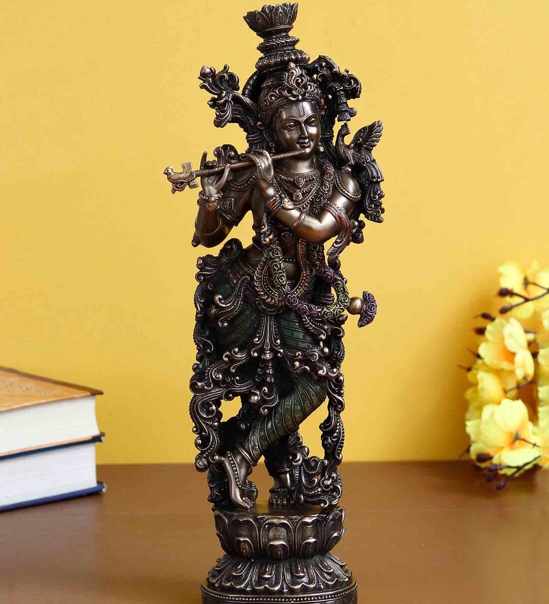 Brown Polyresin and Bronze Ethnic Carved Dancing Lord Krishna Idol Playing FluteShare By eCraftIndia