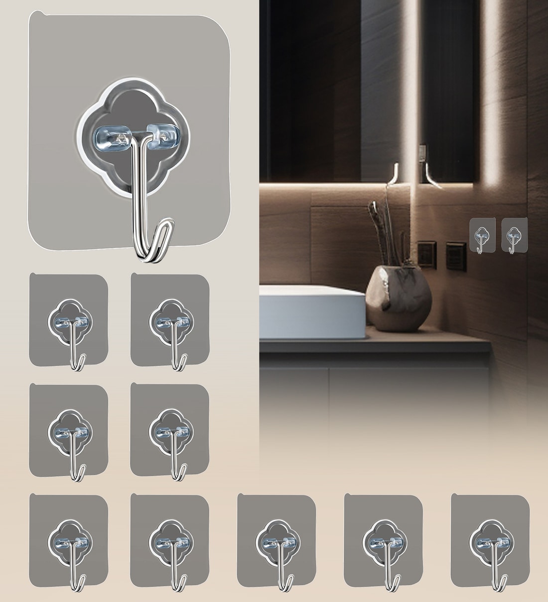 Stainless Steel Self-Adhesive Wall Hooks -10 Pieces, Heavy-Duty, No-Drill Installation for Home & KitchenShare By Sunvibe