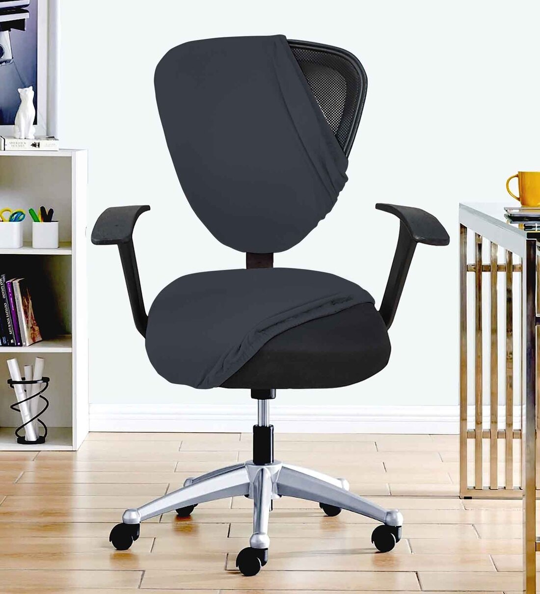 Grey Polycotton Solid 18 x 18 Inches Elastic Stretchable Office Chair Covers (2 PcsShare By Hotkei