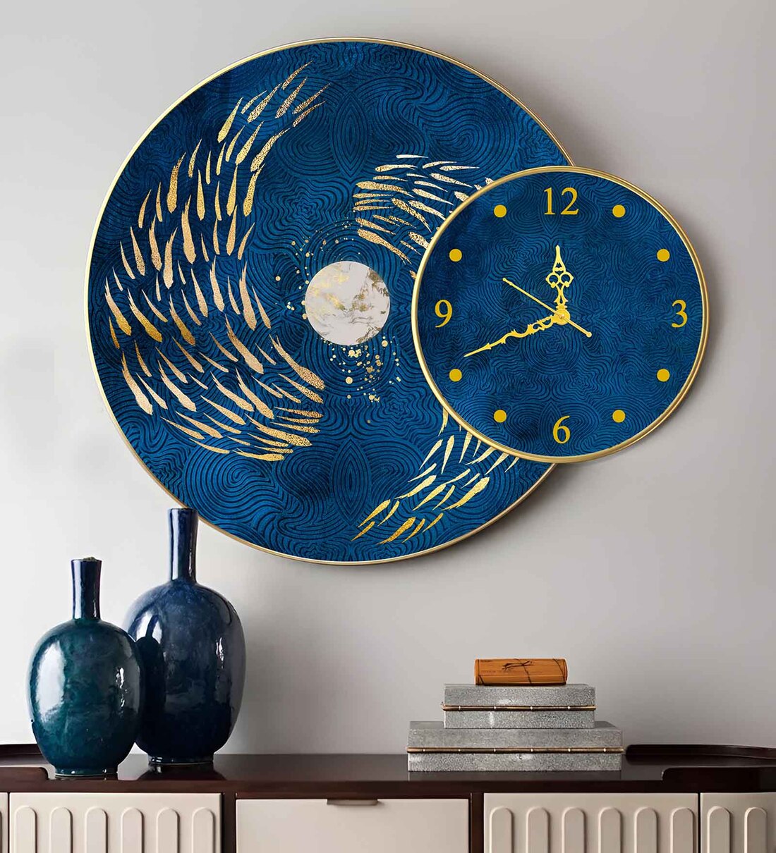 Blue Synthetic Wood Stretched Wall Art Painting With ClockShare By Art Street