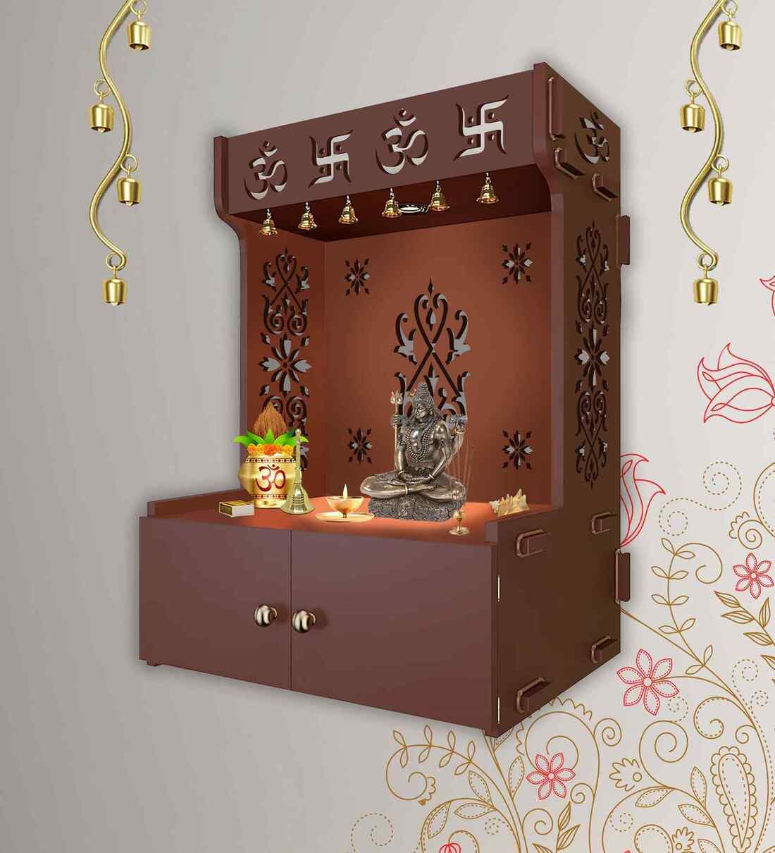 OM Swastika Symbol of Hindu Religious Brown Wooden Wall Temple for Home With Inbuilt focus Lights & Spacious ShelfShare By Decor Smart