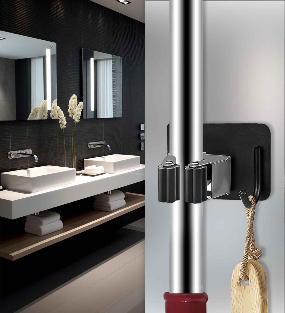 Stainless Steel 1 Rack with 1 Hook Wall Mounted Broom and Mop Stick Holder BlackShare By Sunvibe