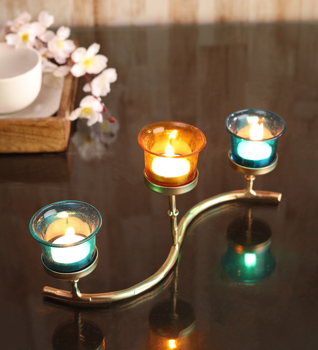 Delphine Set Of 3 Golden Metal Table Tea Light HolderShare By Hosley
