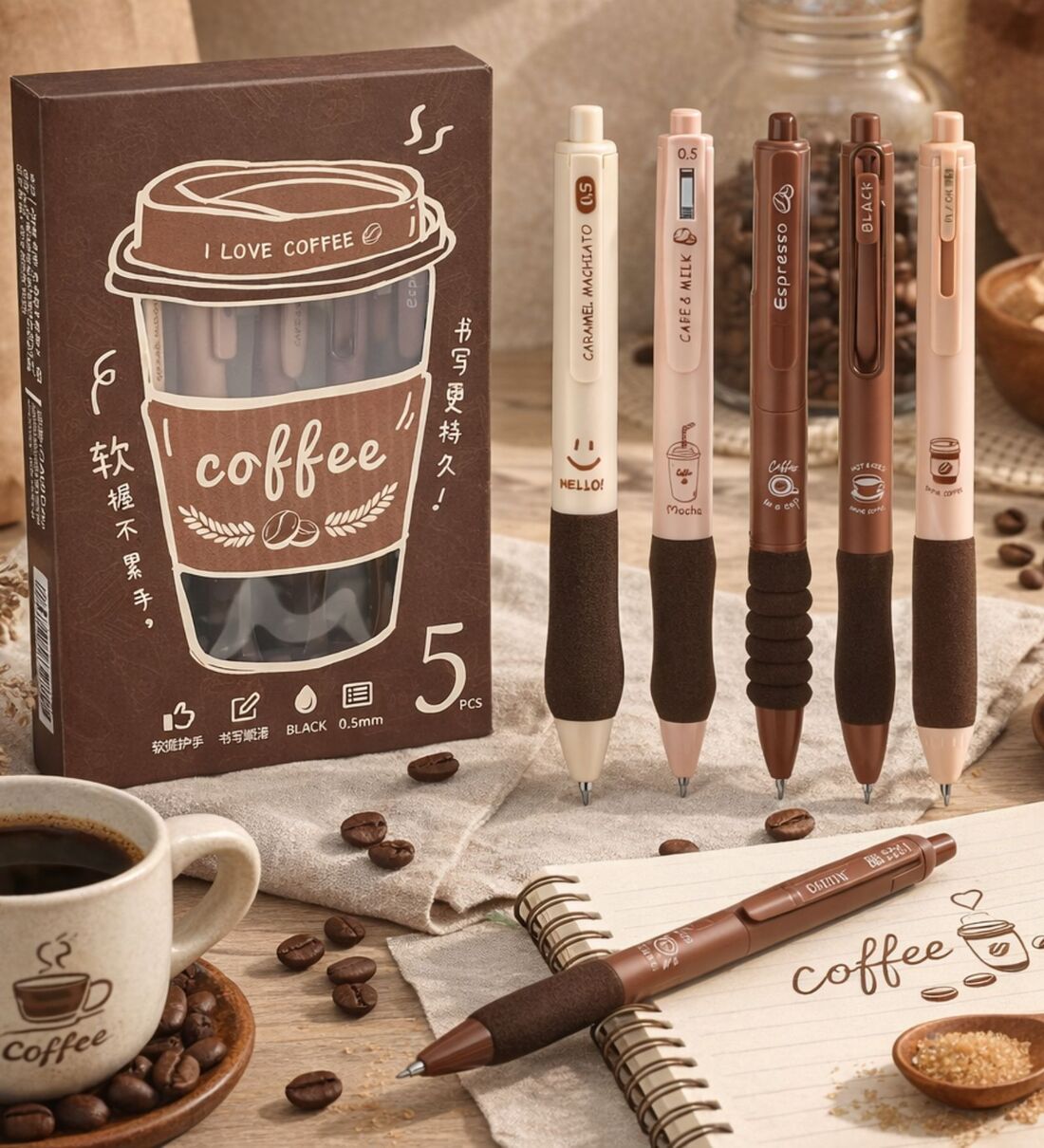 5 Pcs Coffee Theme Fine Point Pens Set 0.5mm Blue Ink with Soft Rubber GripShare By Regalo