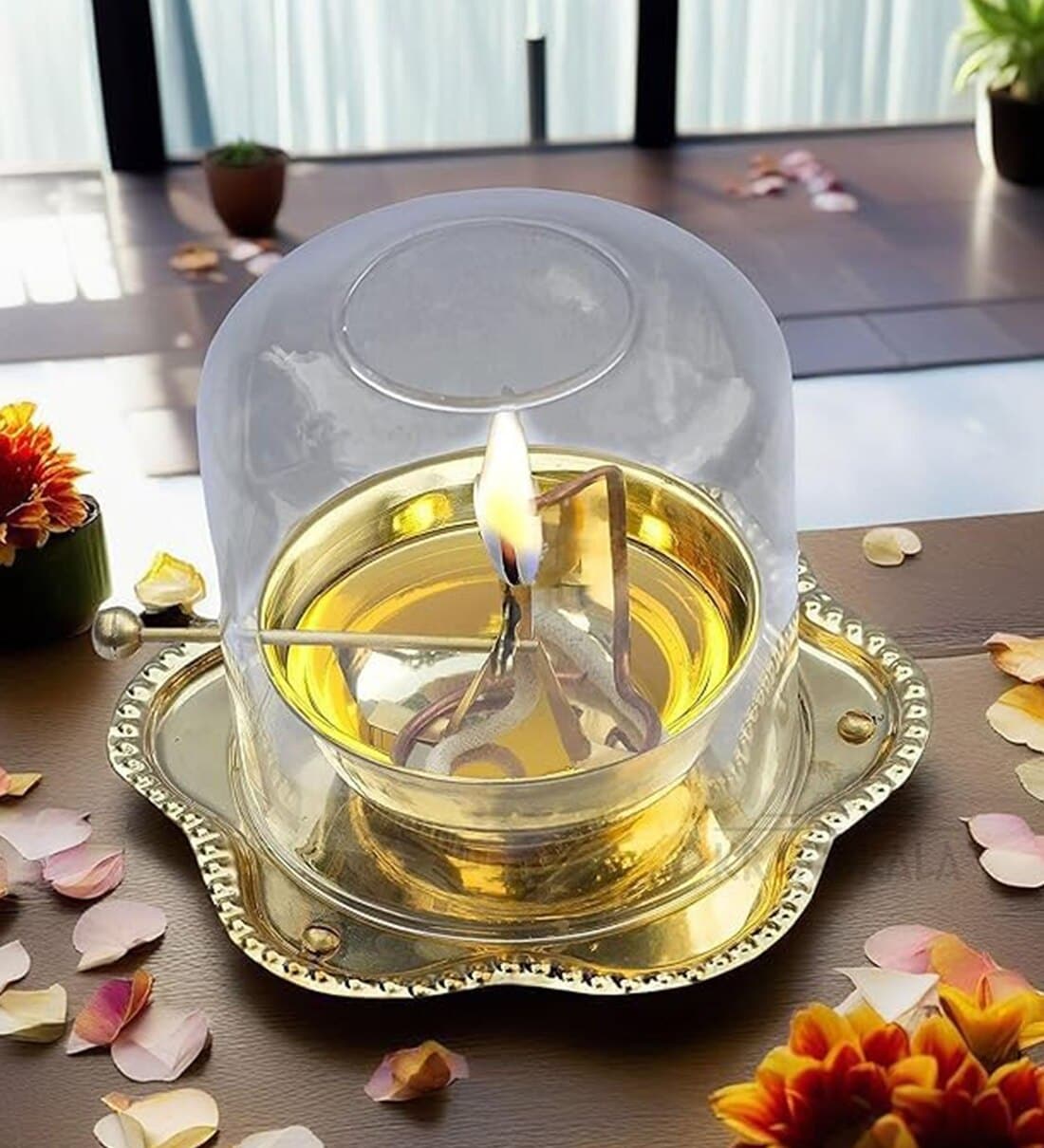 Akhand Jyot Diya with Wick Lifting Lever Brass Oil Lamp (Golden)Share By Wens