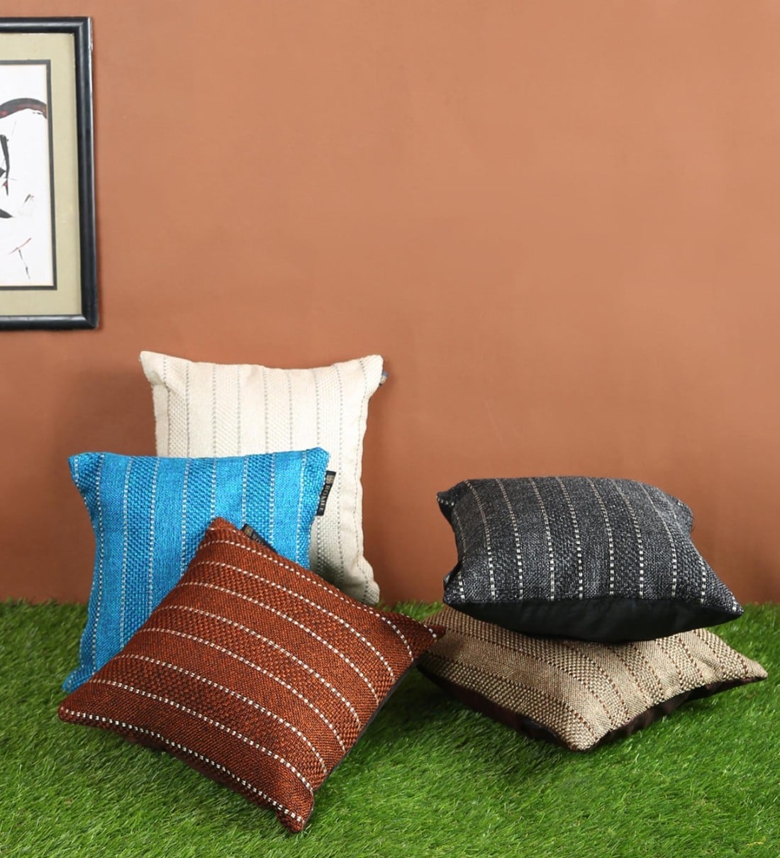 Multicolour Jute Striped 16x16 inches Cushion Cover (5Pc)Share By Romee