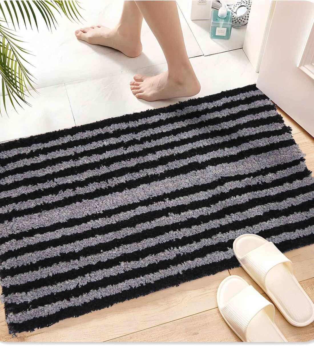 Grey Striped Cotton 21x17 Inches Antiskid Door MatShare By Aazeem