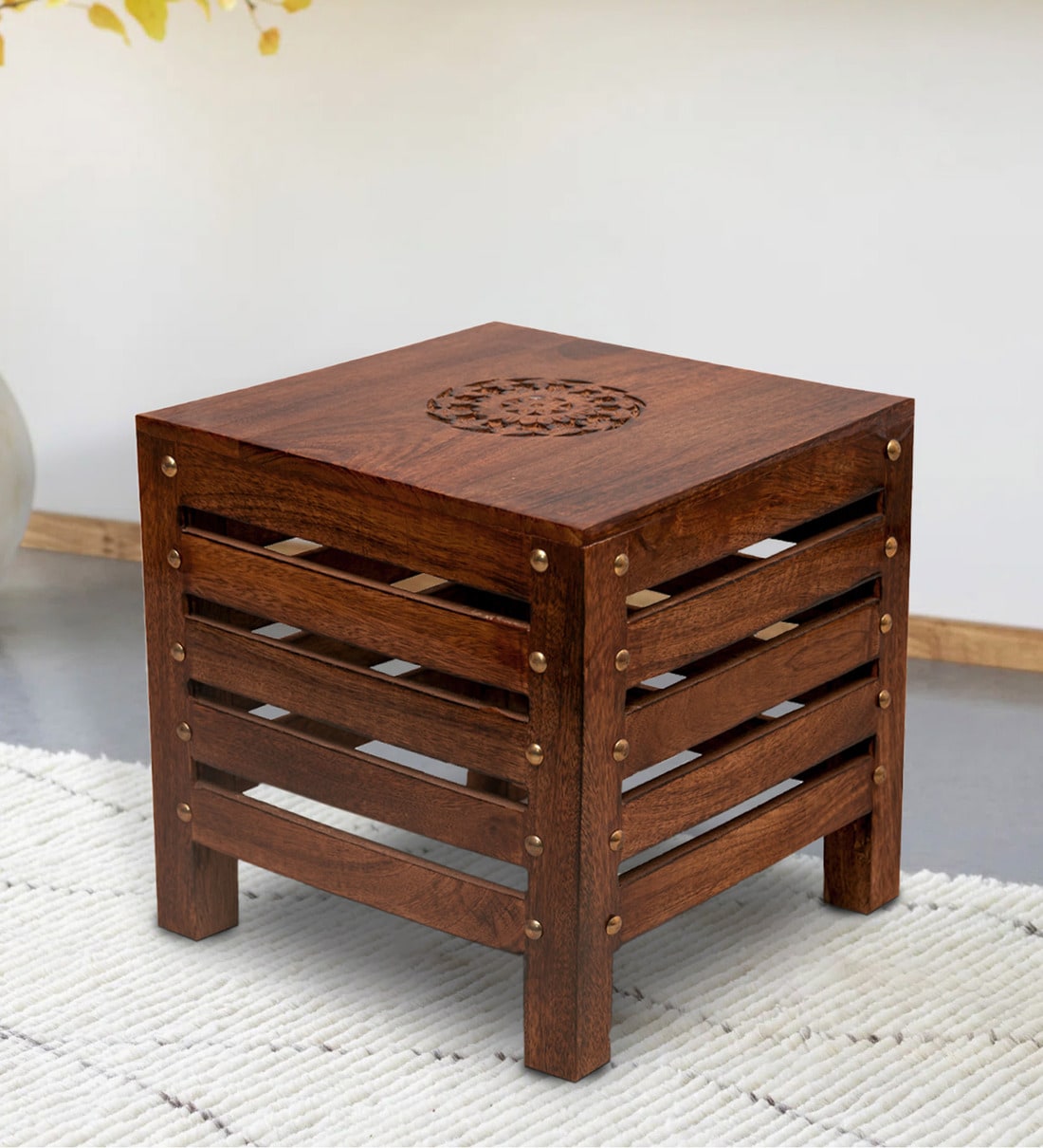 Antique Solid Wood Foot Stool in Brown ColourShare By Sattva