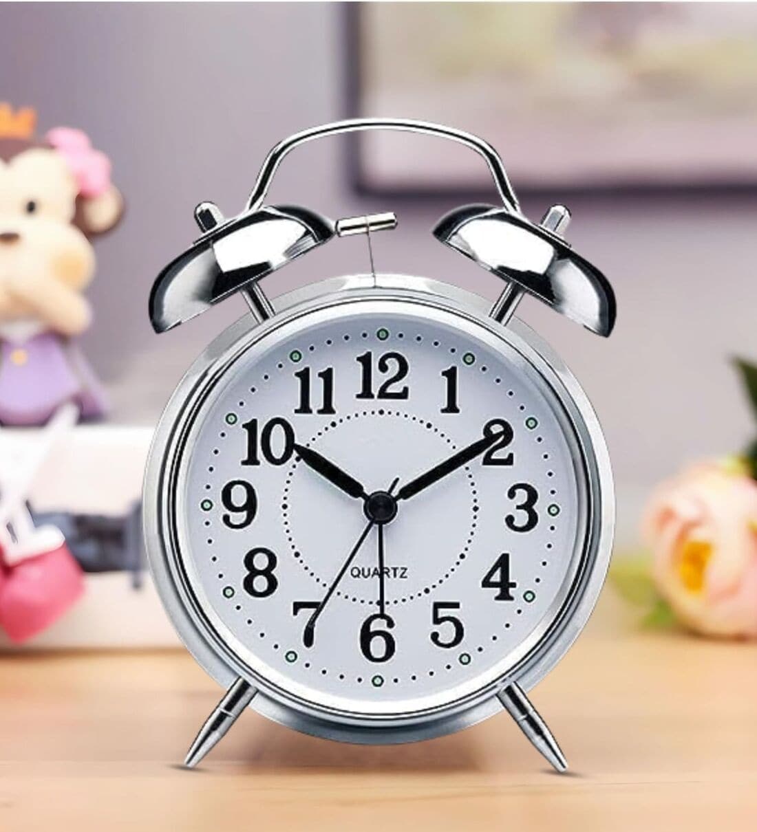 Vintage Twin Bell Analog Display Table Alarm Clock with Backlight -SilverShare By Regalo