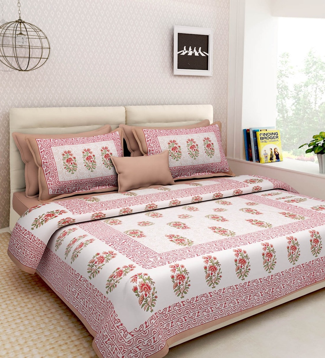 Brown Floral 120 TC Cotton Queen Sized Bedsheet with 2 Pillow CoverShare By UniqChoice