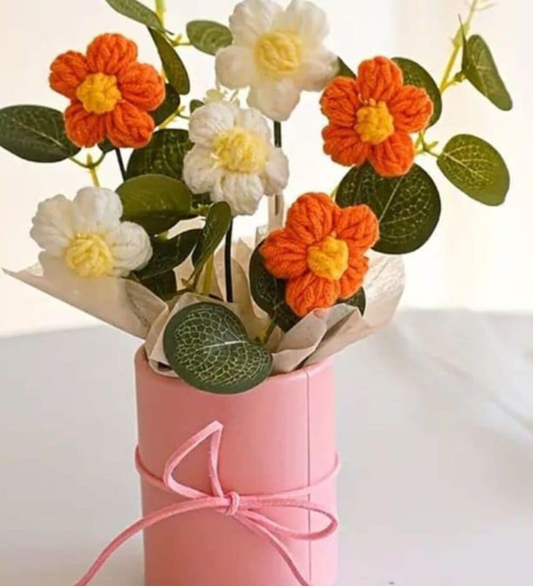 Yellow And Orange Artificial Crochet Flowers Bouquet With PotShare By Regalo