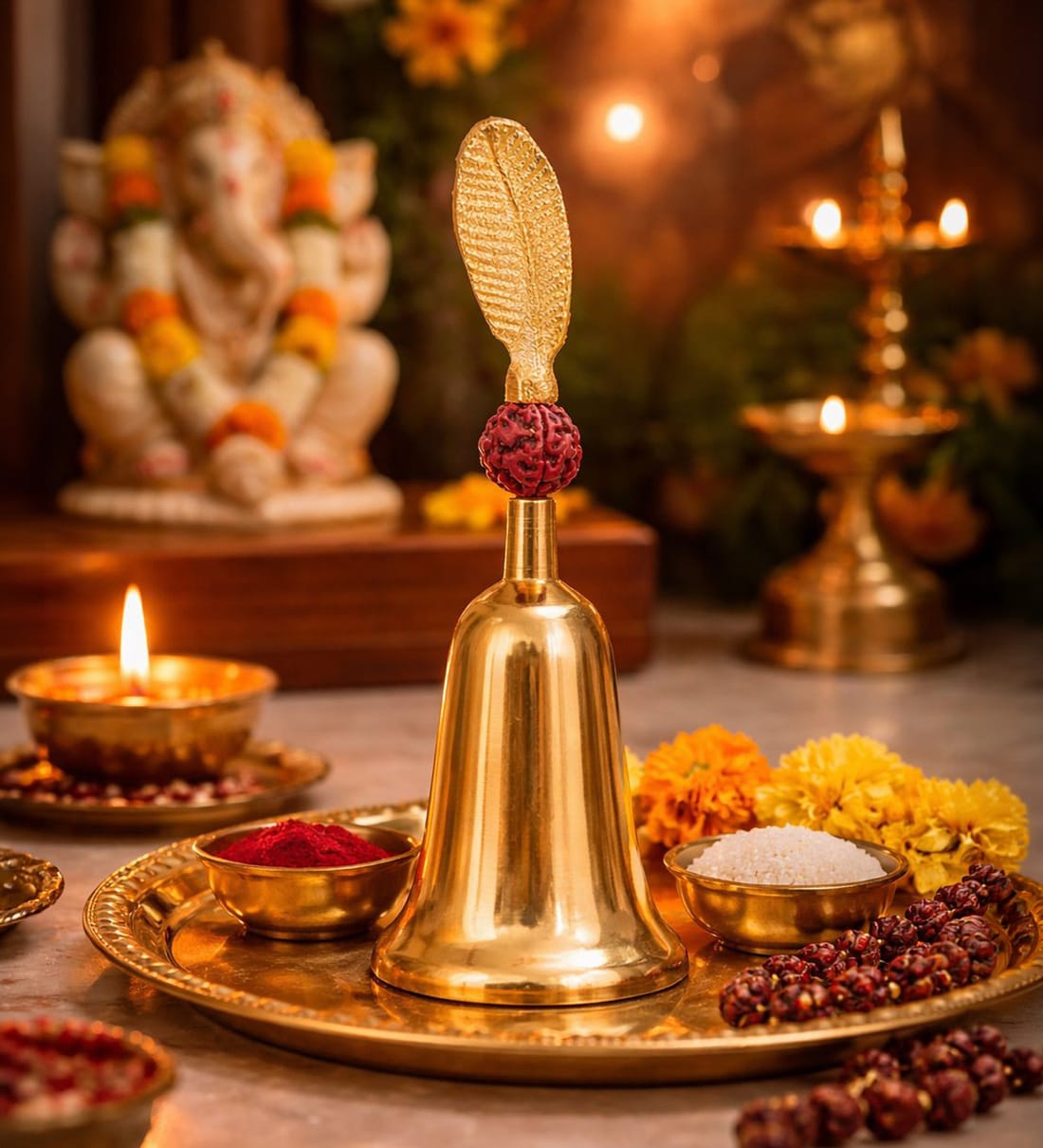 Gold Bell with Decorative Rudraksh Feather HandleShare By VoiDrop