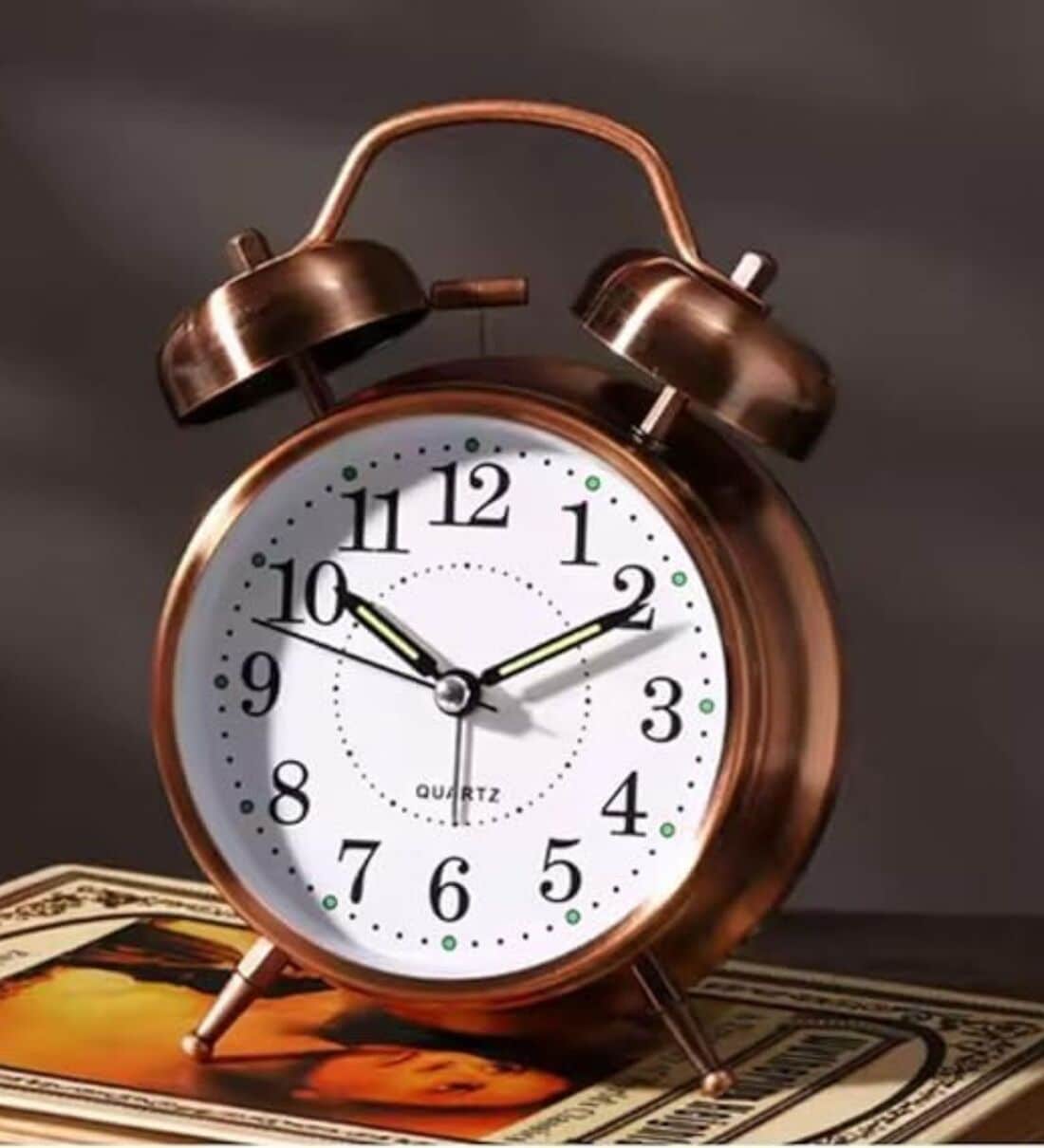 Vintage Twin Bell Analog Display Table Alarm Clock with Backlight -copperShare By Regalo