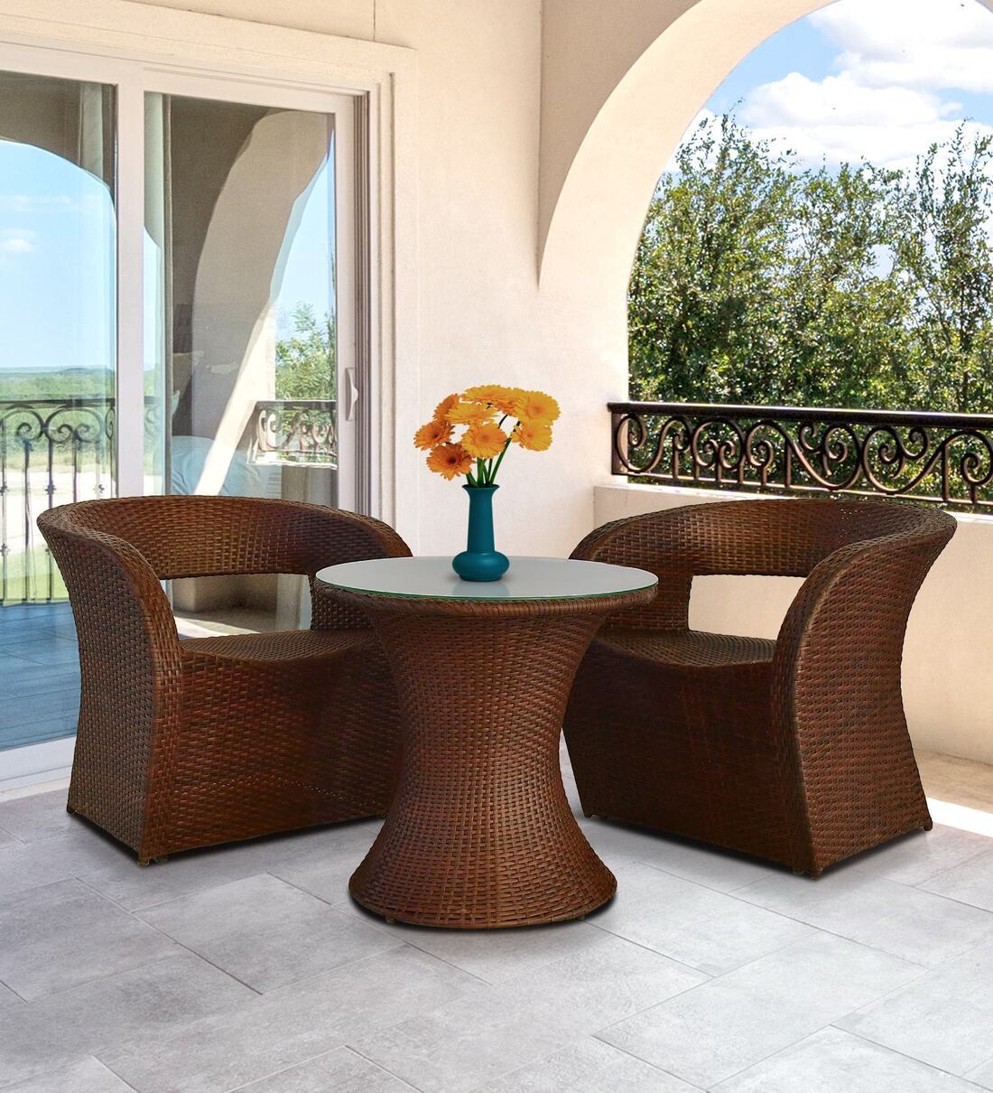 Gold Coast Wicker Table And Chair Set ( With 2 Chairs ) In Brown FinishShare By Outkraft