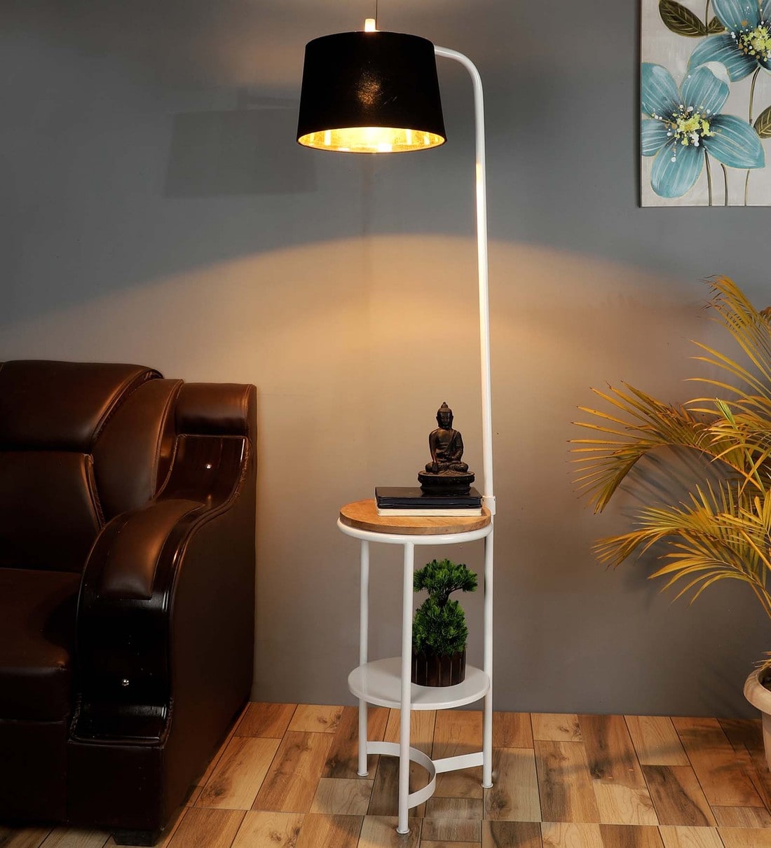 Crisanto Black Metal and Fabric Shade Shelf Floor Lamp With Iron BaseShare By Sapphire