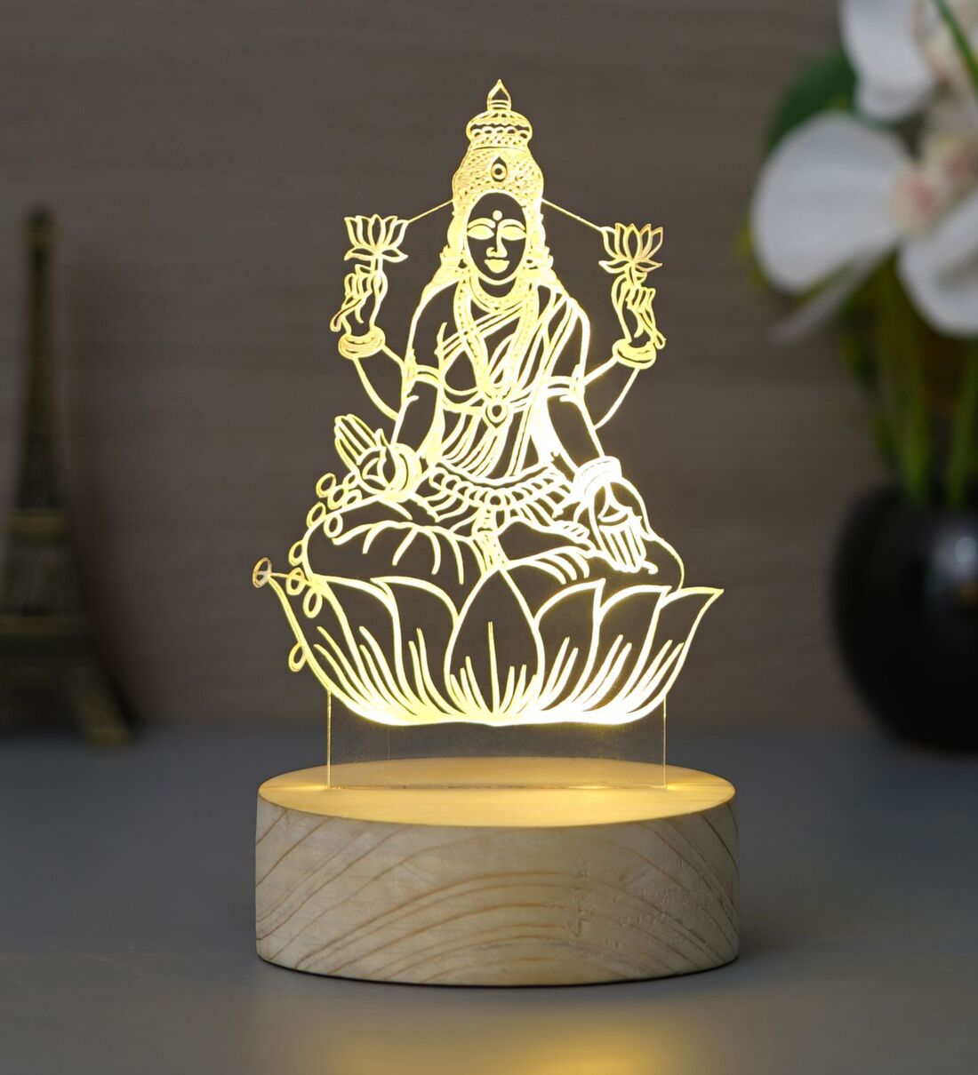 Goddess Saraswati Design Acrylic & Wood Base LED Table Lamp (With Rechargeble Battery)Share By eCraftIndia