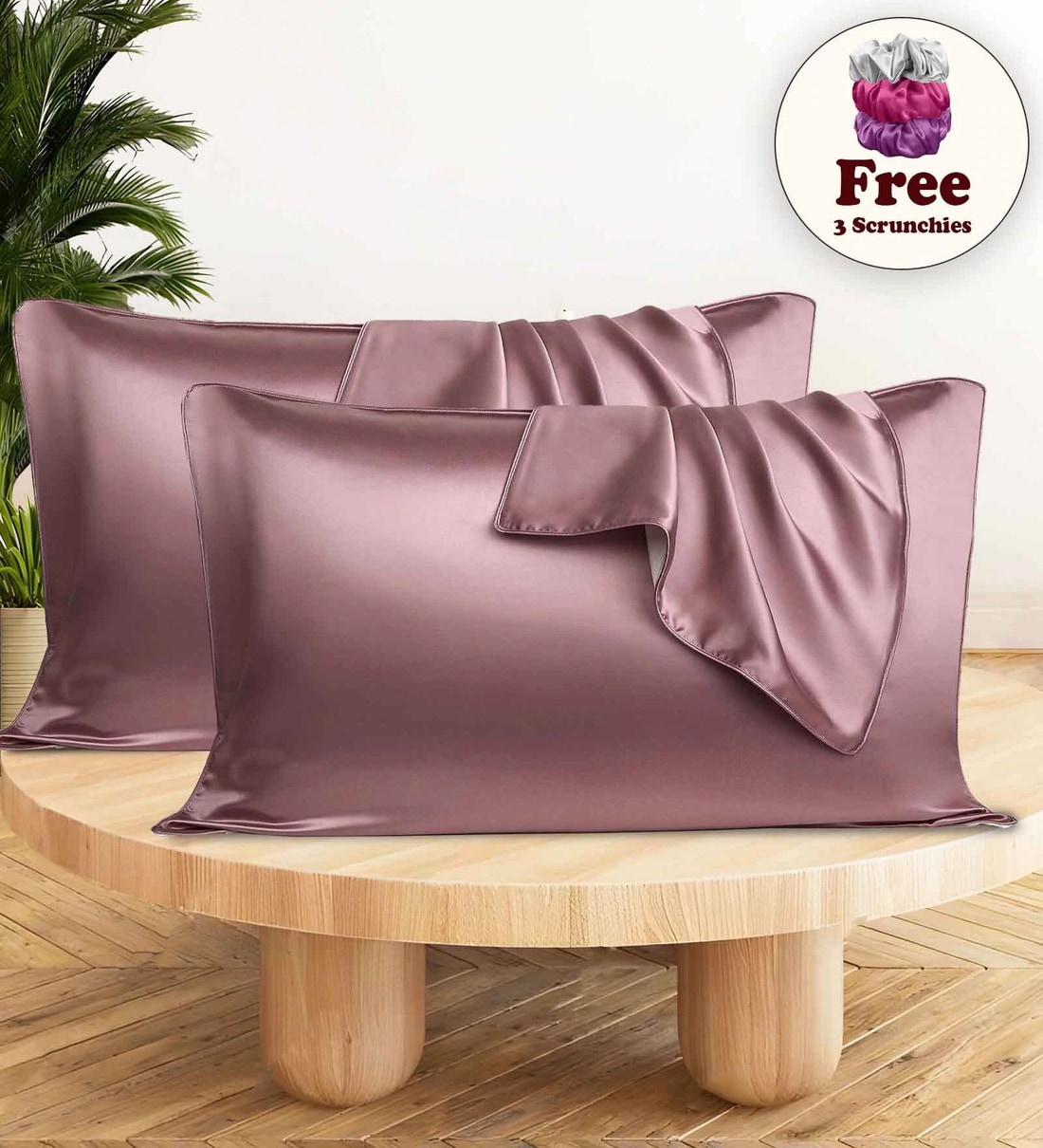 Rose Pink 400 TC Silk 2 Pillow Covers With 3 Assorted Scrunchie FreeShare By Sunvibe